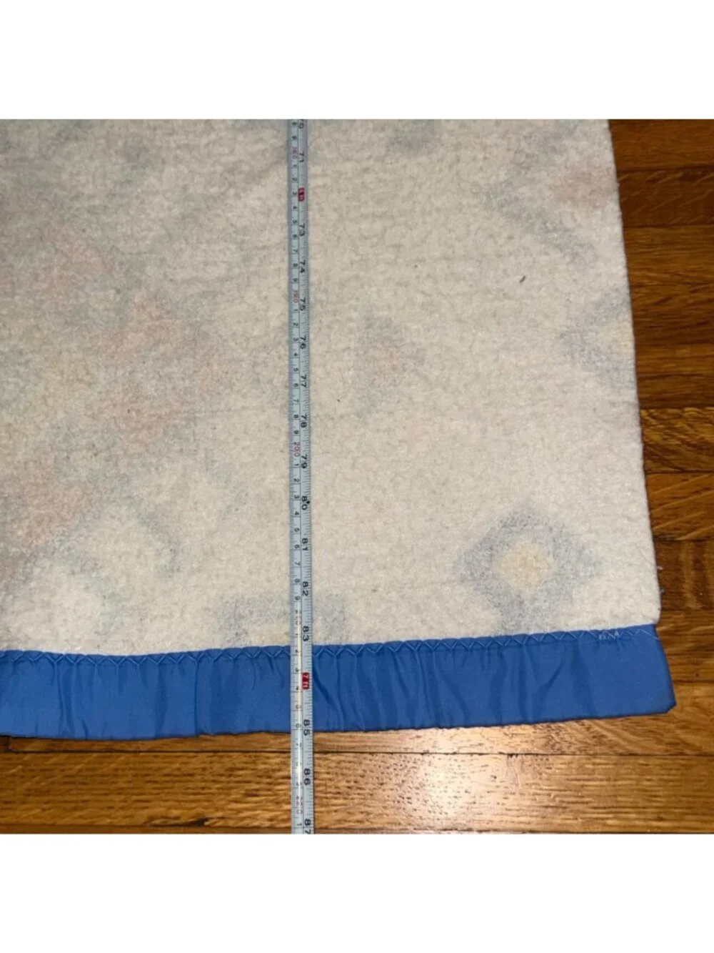 Vintage 1980s Southwestern Aztec Pressed Fleece Blanket with Blue Satin Trim